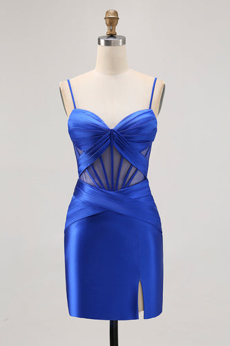 Royal Blue Sheer Korsett Plisserad Tight Kort Balklänning med slits
