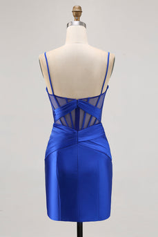 Royal Blue Sheer Korsett Plisserad Tight Kort Balklänning med slits