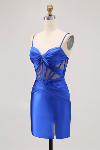 Royal Blue Sheer Korsett Plisserad Tight Kort Balklänning med slits