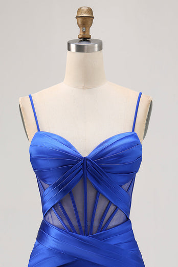 Royal Blue Sheer Korsett Plisserad Tight Kort Balklänning med slits
