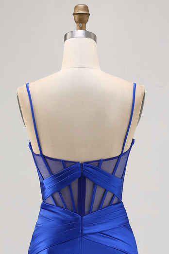 Royal Blue Sheer Korsett Plisserad Tight Kort Balklänning med slits