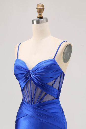 Royal Blue Sheer Korsett Plisserad Tight Kort Balklänning med slits