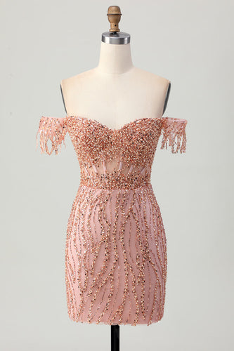 Dusty Rose Bodycon Off The Shoulder Korsett Kort Homecoming Klänning med Beading