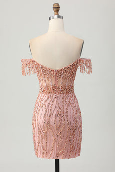Dusty Rose Bodycon Off The Shoulder Korsett Kort Homecoming Klänning med Beading