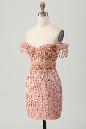 Dusty Rose Bodycon Off The Shoulder Korsett Kort Homecoming Klänning med Beading