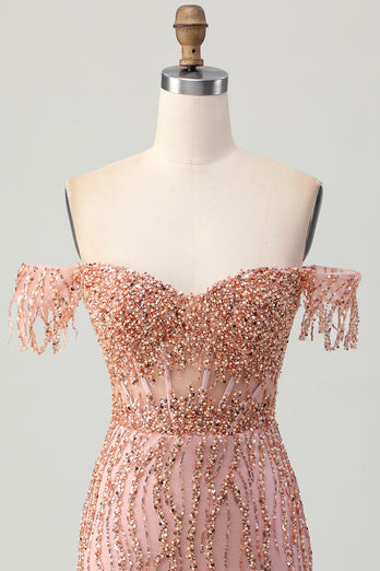 Dusty Rose Bodycon Off The Shoulder Korsett Kort Homecoming Klänning med Beading
