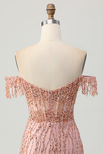 Dusty Rose Bodycon Off The Shoulder Korsett Kort Homecoming Klänning med Beading