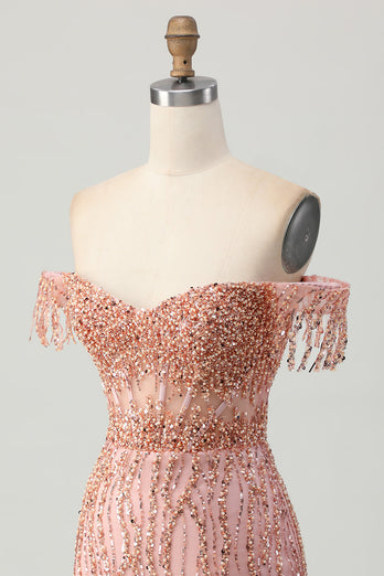 Dusty Rose Bodycon Off The Shoulder Korsett Kort Homecoming Klänning med Beading