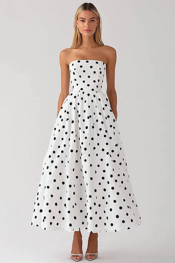 Vit Axelbandslös En linje Svart Polka Dots Klänning