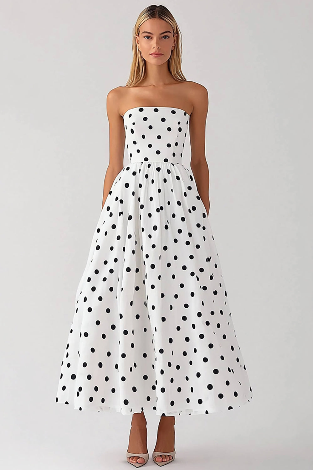 Vit Axelbandslös En linje Svart Polka Dots Klänning