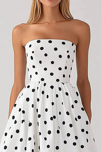 Vit Axelbandslös En linje Svart Polka Dots Klänning