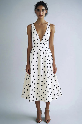 Vit A Line V-ringning Svart Polka Dots Klänning