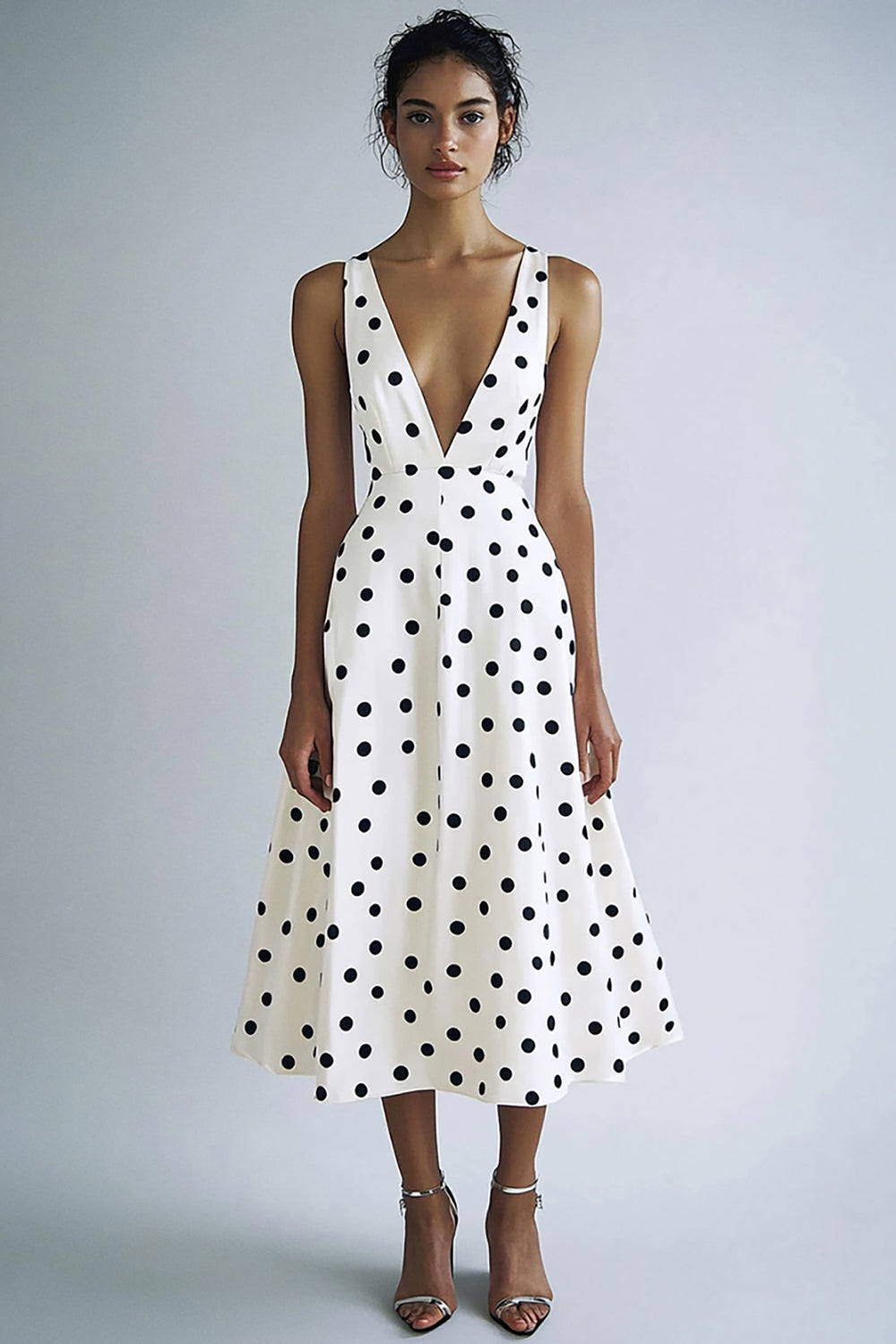Vit A Line V-ringning Svart Polka Dots Klänning