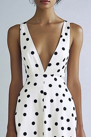 Vit A Line V-ringning Svart Polka Dots Klänning