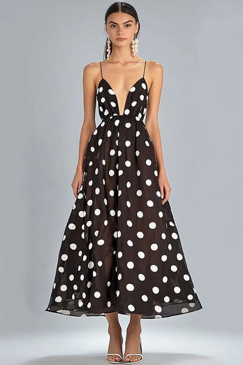 Kaffe A-linje Spaghetti Remmar Vit Polka Dots Klänning