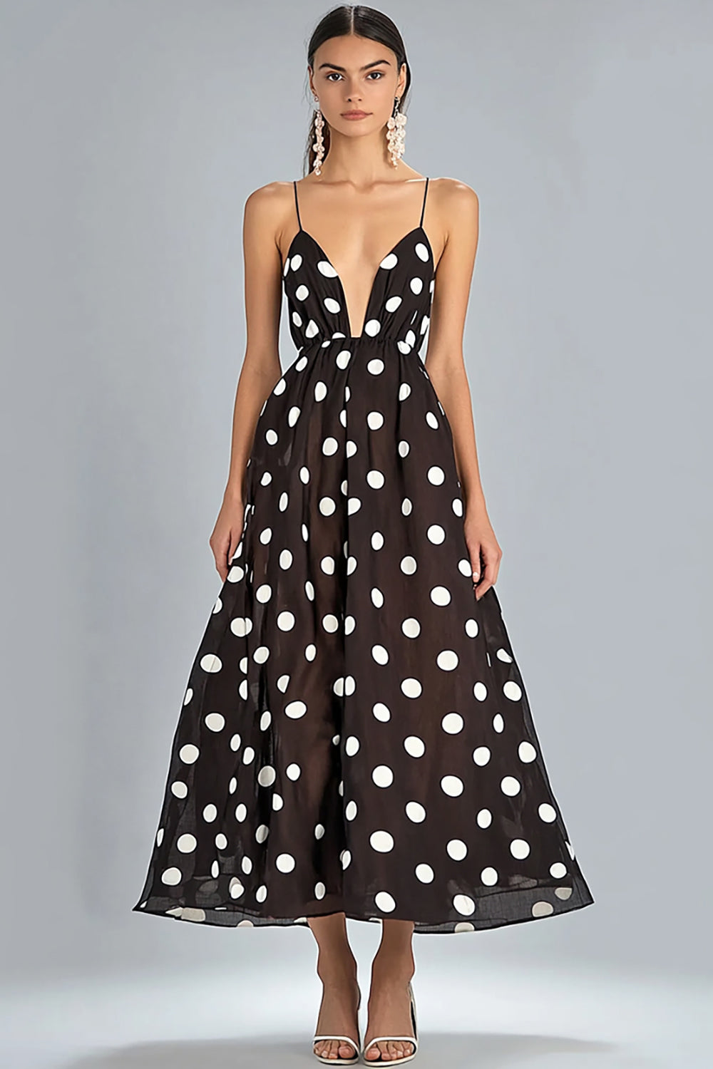 Kaffe A-linje Spaghetti Remmar Vit Polka Dots Klänning