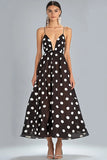 Kaffe A-linje Spaghetti Remmar Vit Polka Dots Klänning