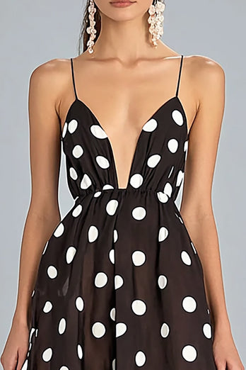Kaffe A-linje Spaghetti Remmar Vit Polka Dots Klänning