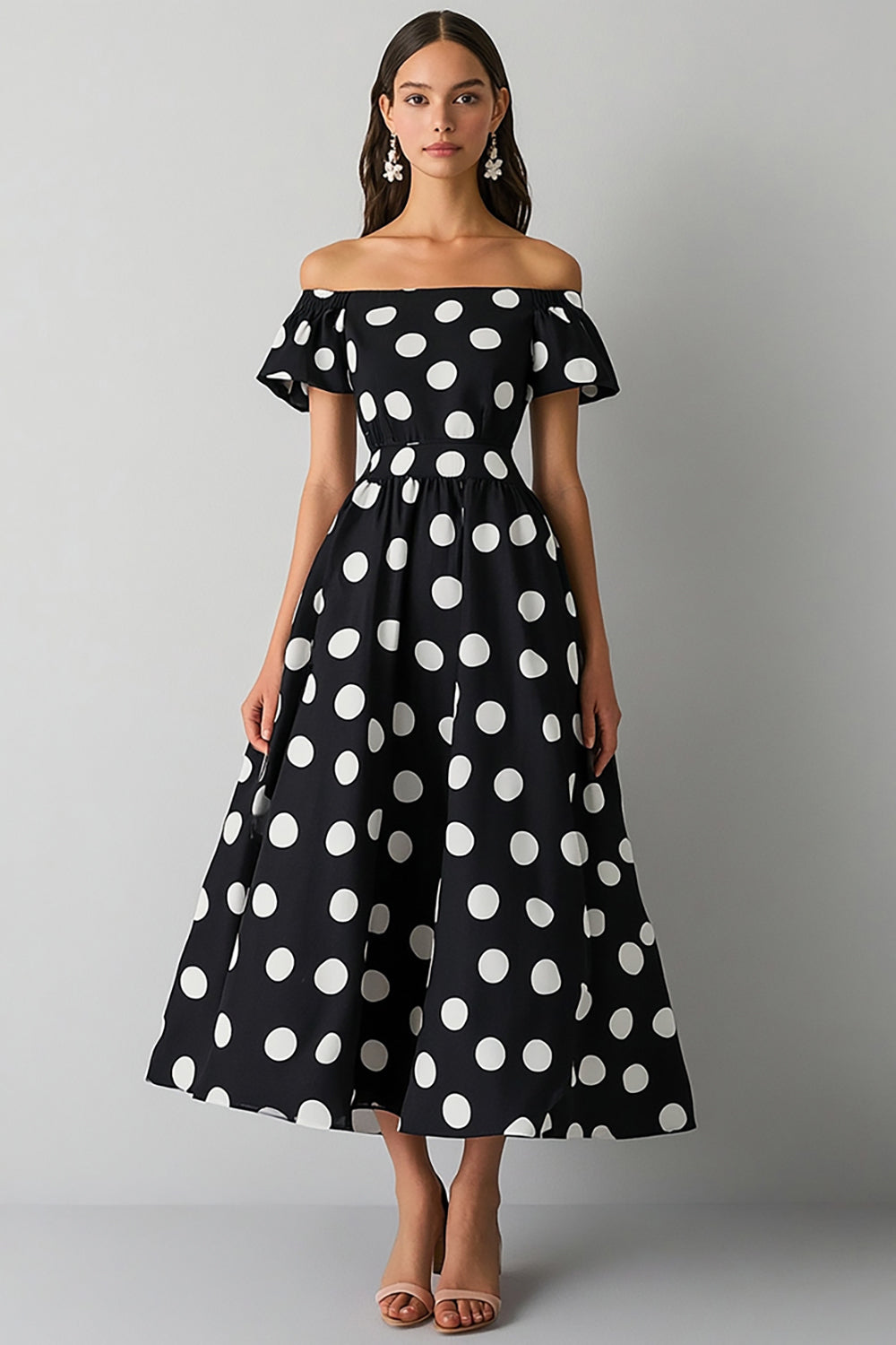 Off The Shoulder Svart Vit En linje Polka Dots Klänning
