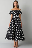 Off The Shoulder Svart Vit En linje Polka Dots Klänning