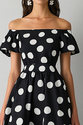Off The Shoulder Svart Vit En linje Polka Dots Klänning