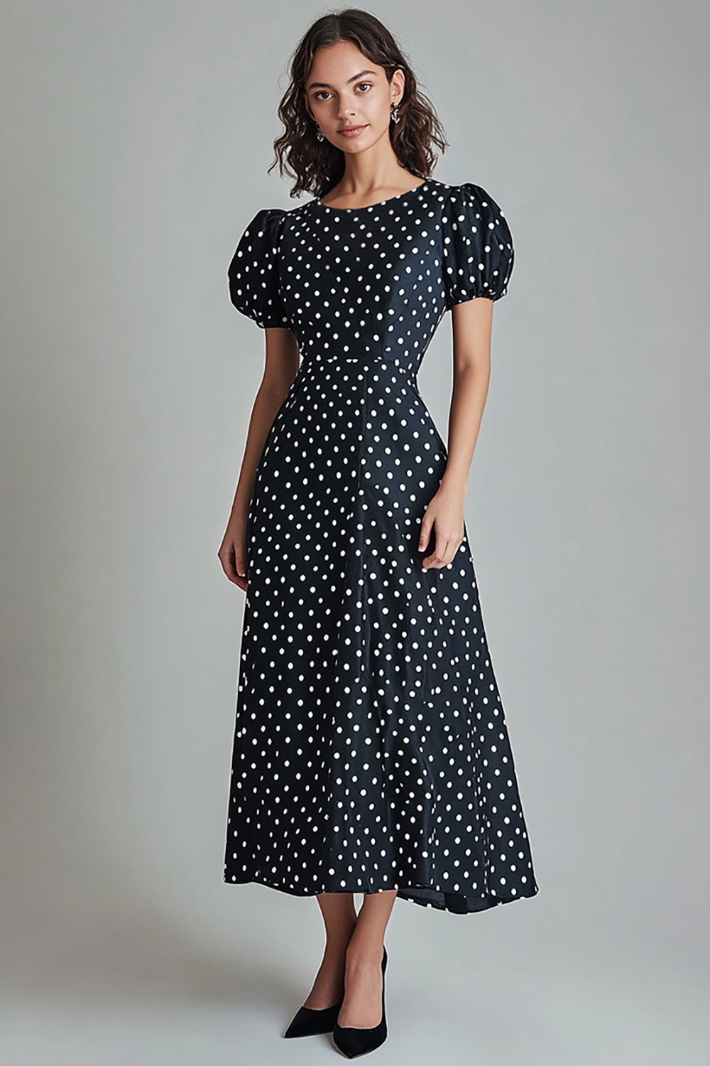 Svart Rund Hals A-linje Lång Vit Polka Dots Klänning