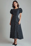 Svart Rund Hals A-linje Lång Vit Polka Dots Klänning
