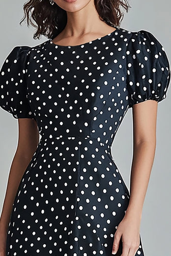 Svart Rund Hals A-linje Lång Vit Polka Dots Klänning