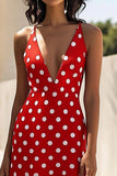Röd Spaghetti Remmar V-ringning A Line Vit Polka Dots Klänning