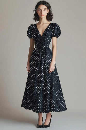 A Line Satin Svart Vit Polka Dots Klänning med puffärmar