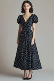 A Line Satin Svart Vit Polka Dots Klänning med puffärmar