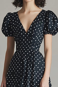 A Line Satin Svart Vit Polka Dots Klänning med puffärmar