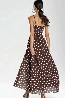 Kaffe Spaghetti Remmar Lång En linje Vit Polka Dots Klänning