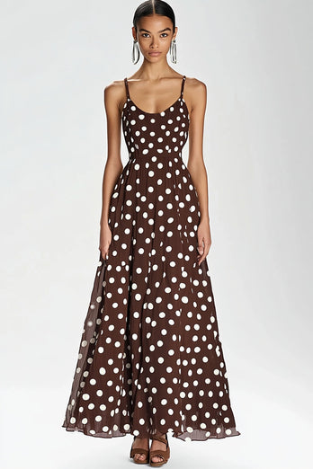 Kaffe Spaghetti Remmar Lång En linje Vit Polka Dots Klänning