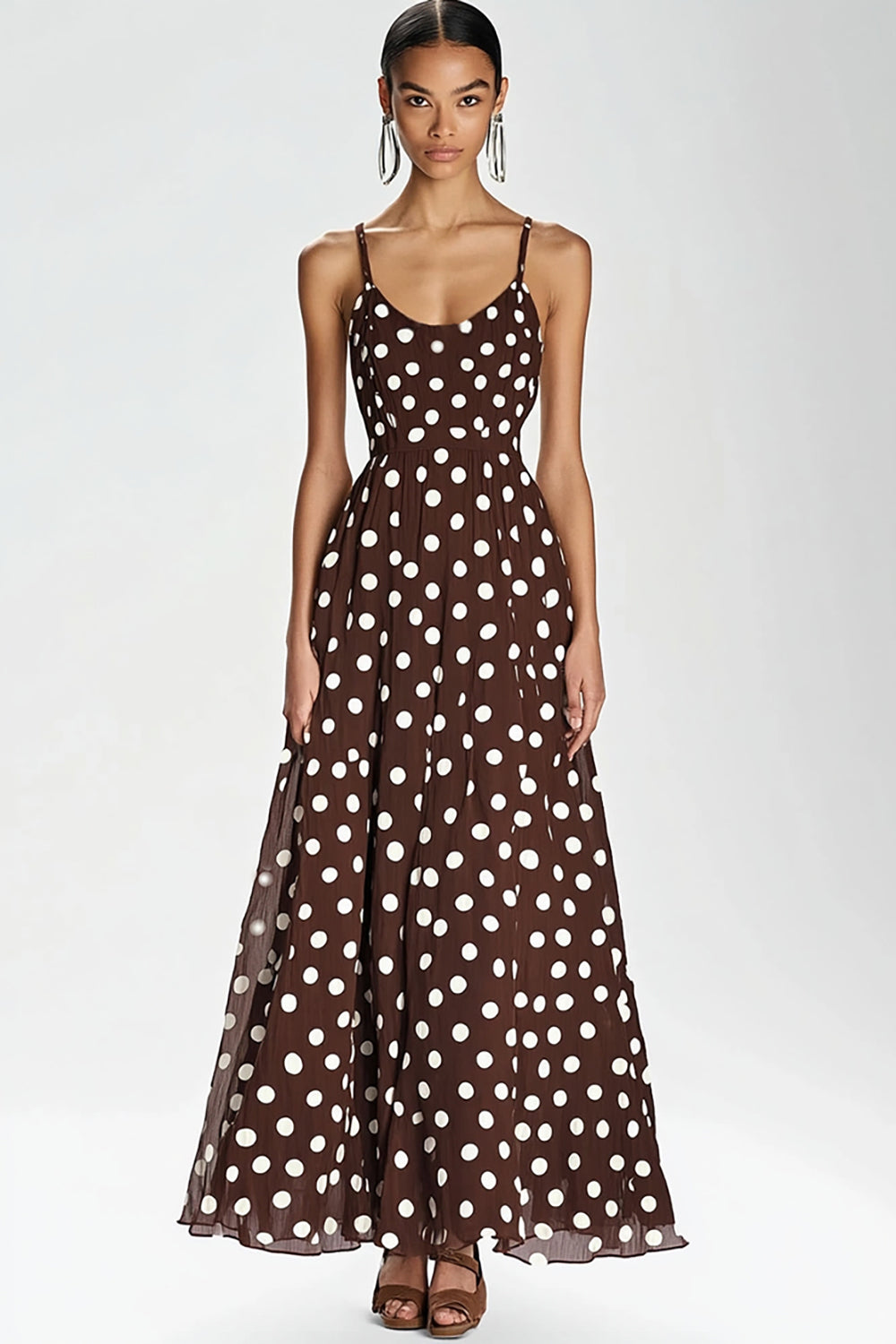 Kaffe Spaghetti Remmar Lång En linje Vit Polka Dots Klänning