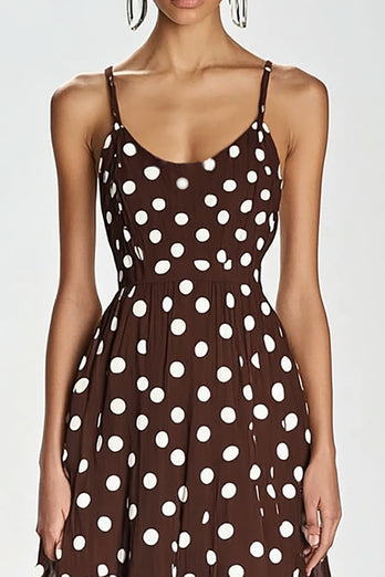 Kaffe Spaghetti Remmar Lång En linje Vit Polka Dots Klänning