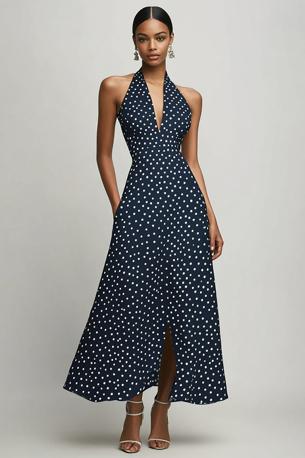 Marinblå A-linje Halter Vit Polka Dots Klänning med slits