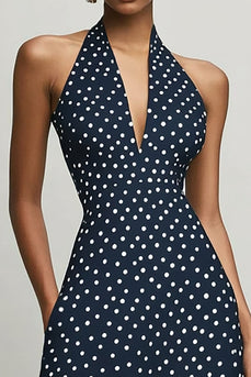 Marinblå A-linje Halter Vit Polka Dots Klänning med slits
