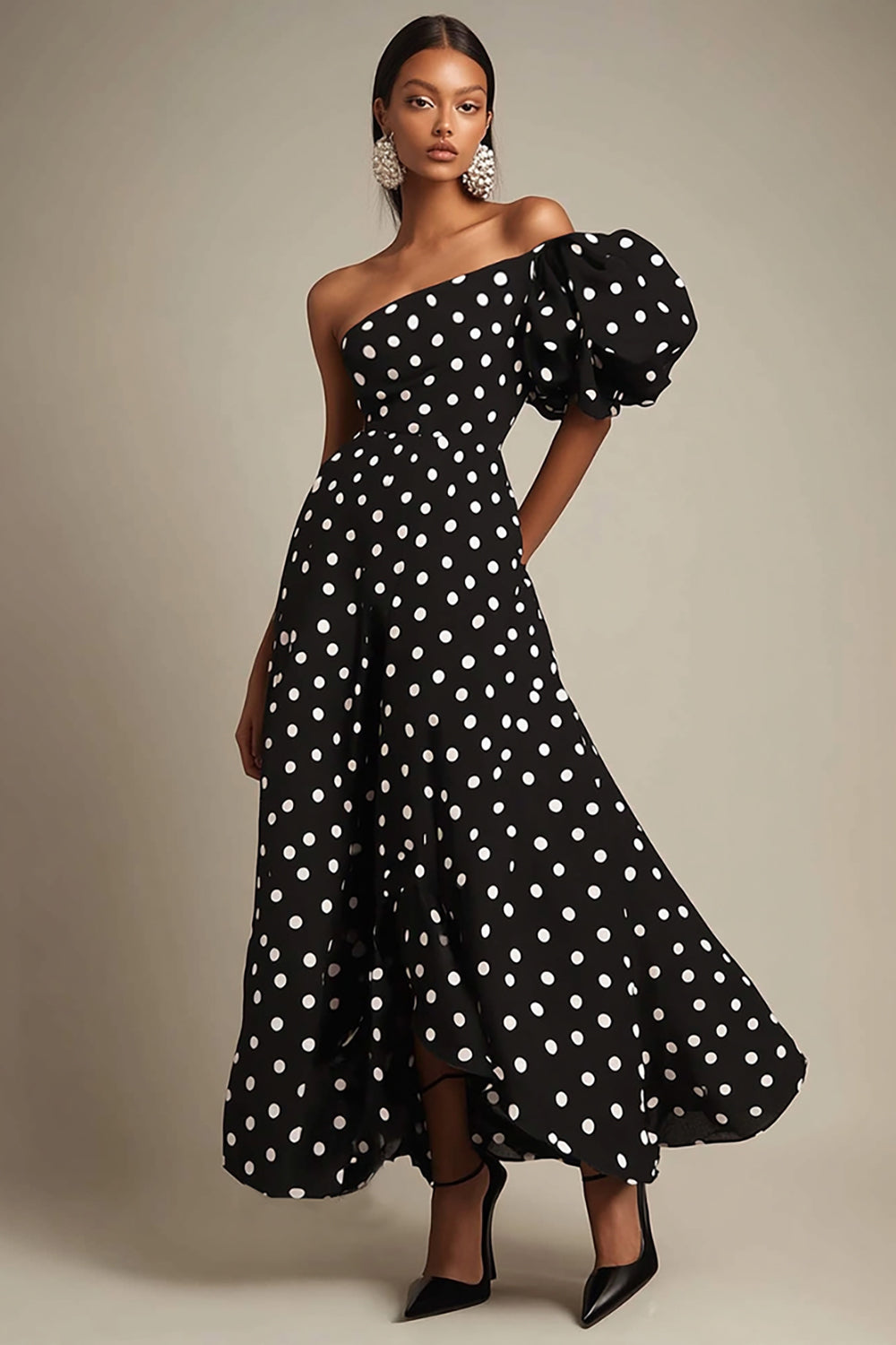 Ena Axeln En Linje Svart Vit Polka Dots Klänning