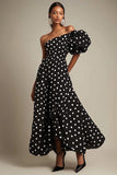Ena Axeln En Linje Svart Vit Polka Dots Klänning