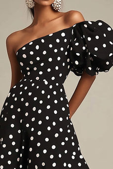 Ena Axeln En Linje Svart Vit Polka Dots Klänning