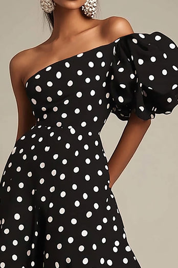 Ena Axeln En Linje Svart Vit Polka Dots Klänning