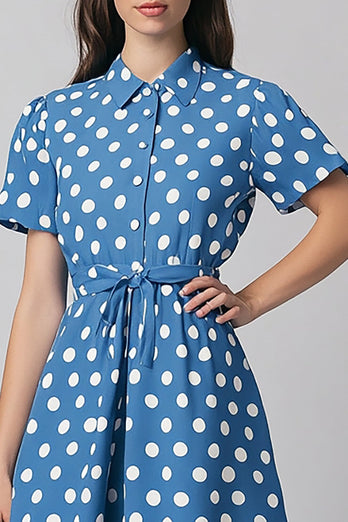 Blå A Line Vit Polka Dots Klänning med Korta ärmar