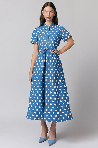 Blå A Line Vit Polka Dots Klänning med Korta ärmar