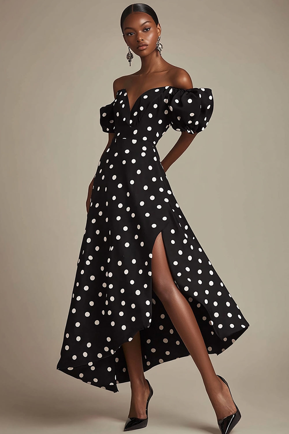Svart En linje från axeln Vit Polka Dots Klänning med slits