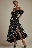 Svart En linje från axeln Vit Polka Dots Klänning med slits