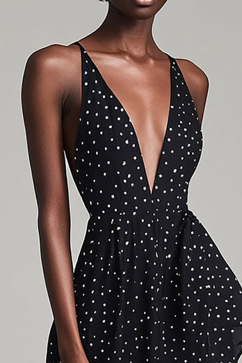 Svart Djup V-ringad Midi Vit Polka Dots Sommar Cocktail Klänning med Slits