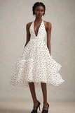 Halter A-linje Volang Vit Svart Polka Dots Klänning