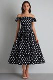 Off The Shoulder En linje Svart Vit Polka Dots Klänning