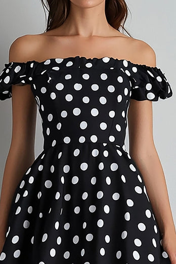 Off The Shoulder En linje Svart Vit Polka Dots Klänning